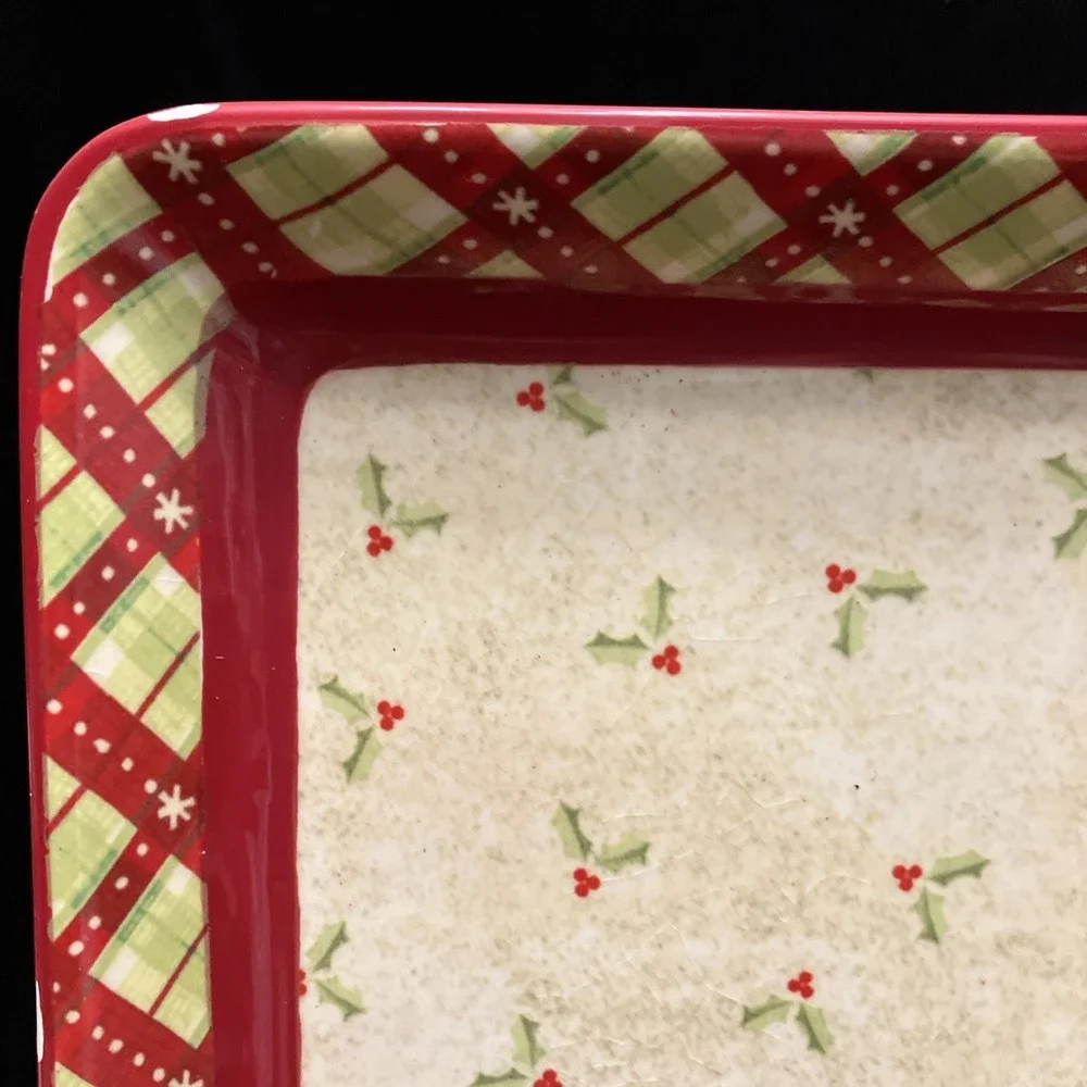 Debbie Mumm JoAnn 2008 Holly Berries Square Porcelain Serving Platter Plaid Chip